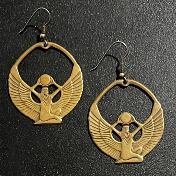 Vintage Art Deco Gold Brass Egyptian Goddess Eye Of Isis Deity Earrings - Picture 5 of 13